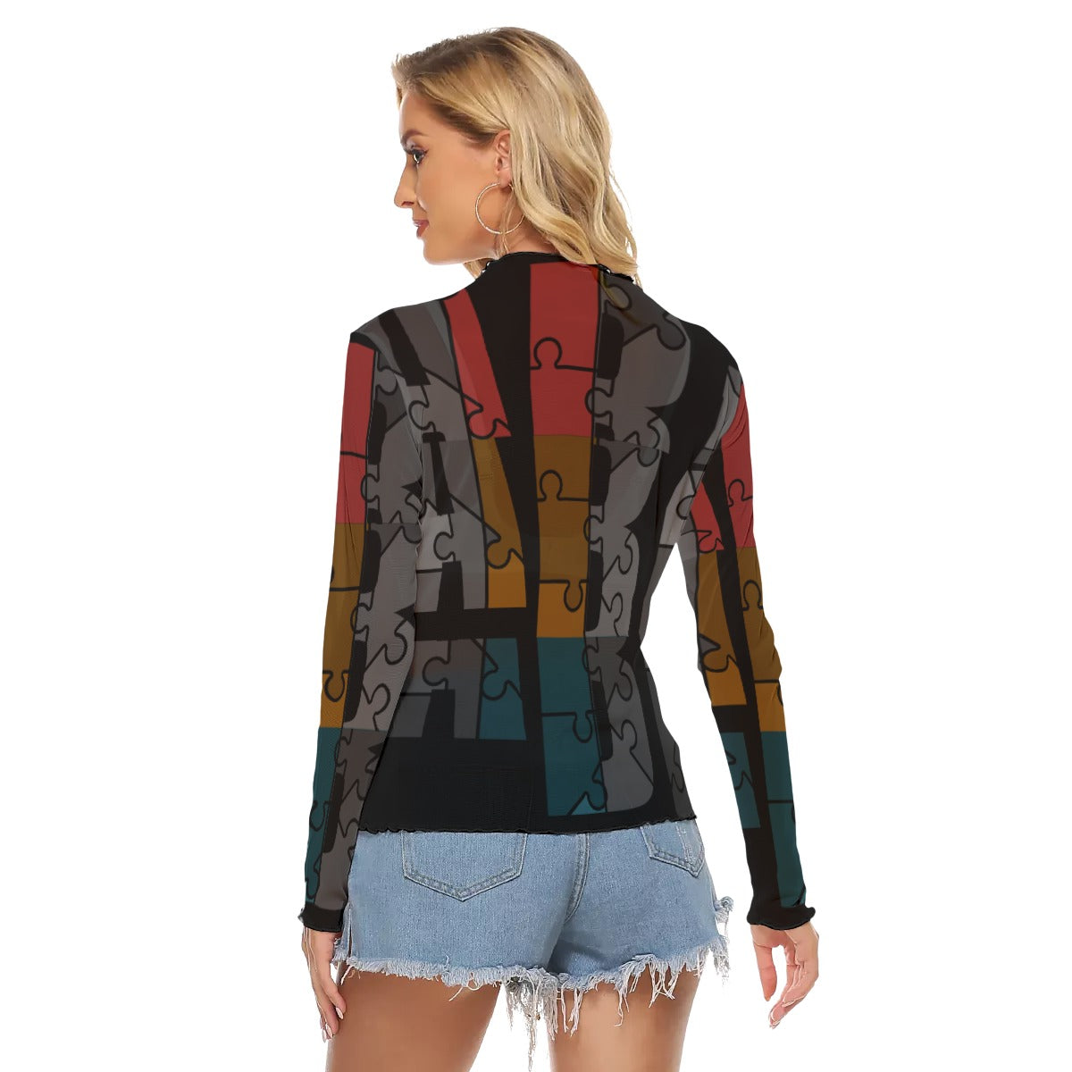 ABJ Layered Black All-Over Print Women's Mesh T-shirt