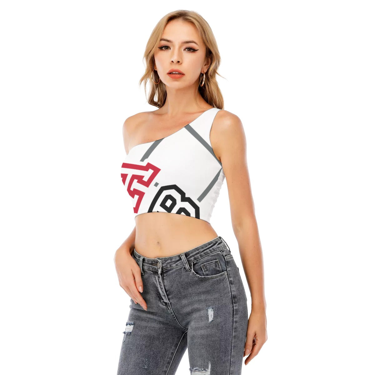 ABJ Greek  White All-Over Print Women's One-Shoulder Cropped Top