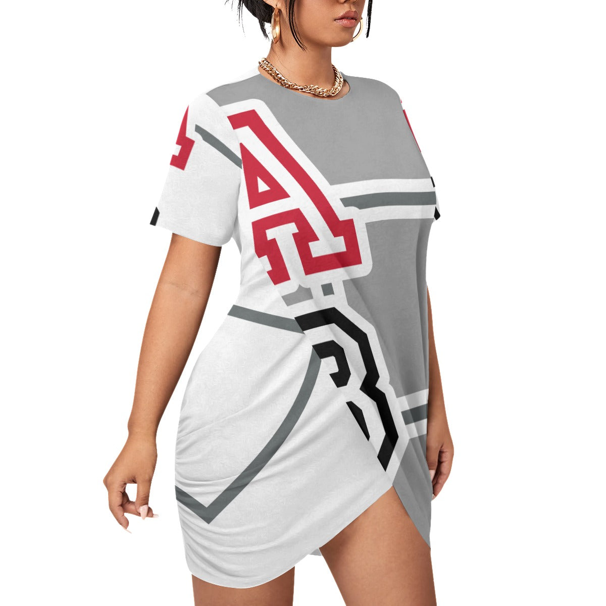 ABJ (TeeTee) Grey/White All-Over Print Women’s Stacked Hem Dress With Short Sleeve（Plus Size）