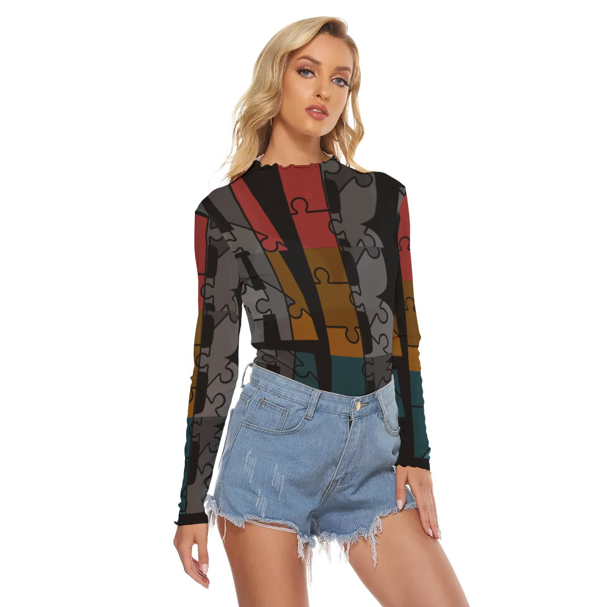 ABJ Layered Black All-Over Print Women's Mesh T-shirt