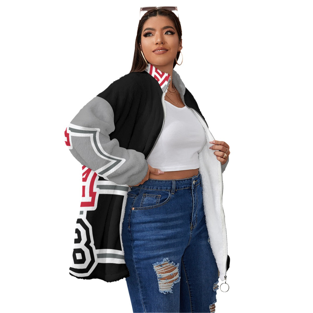 ABJ All-Over Print Women's Borg Fleece Stand-up Collar Coat With Zipper Closure(Plus Size)