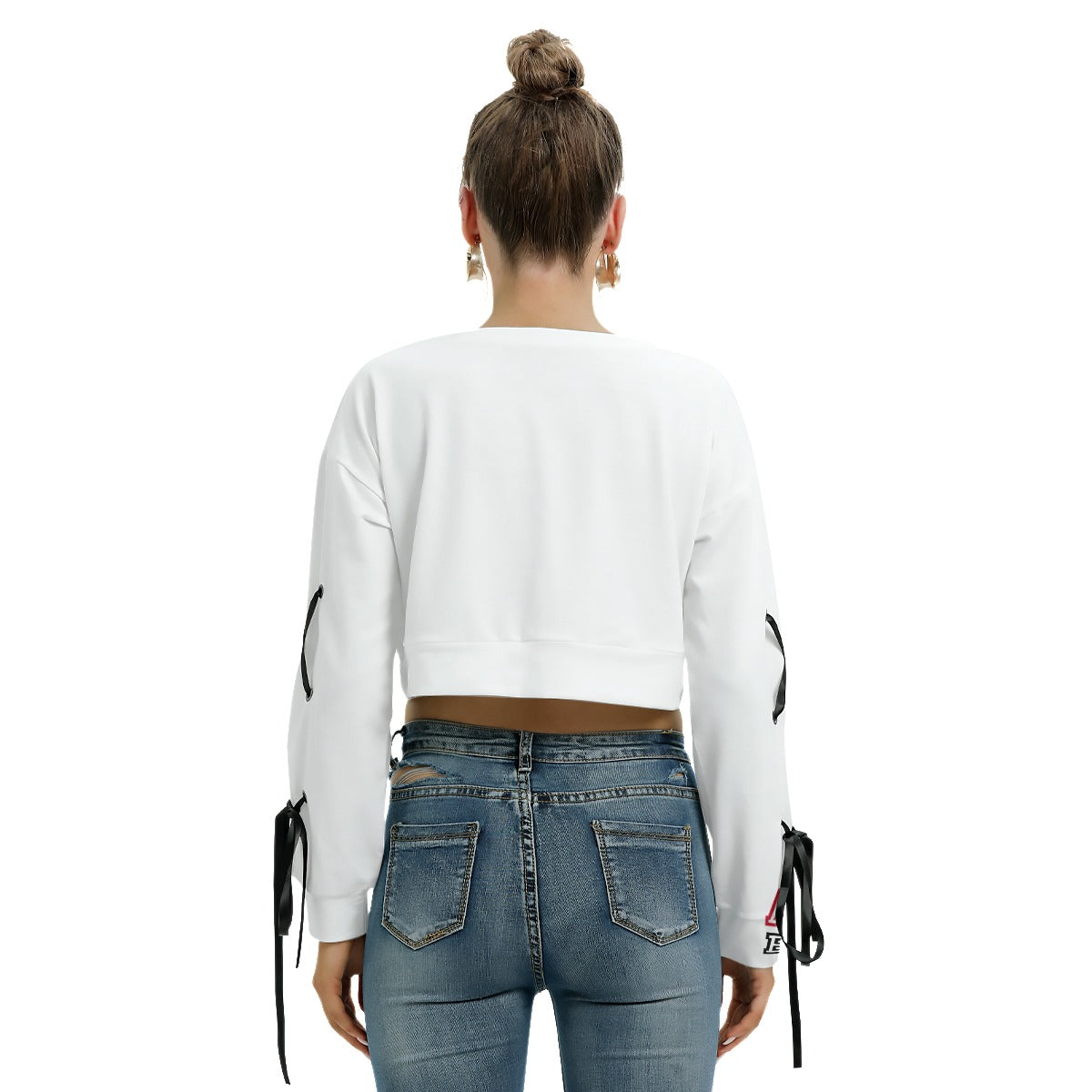 ABJ Ashley White All-Over Print Women's Long Sleeve Cropped Sweatshirt With Lace up