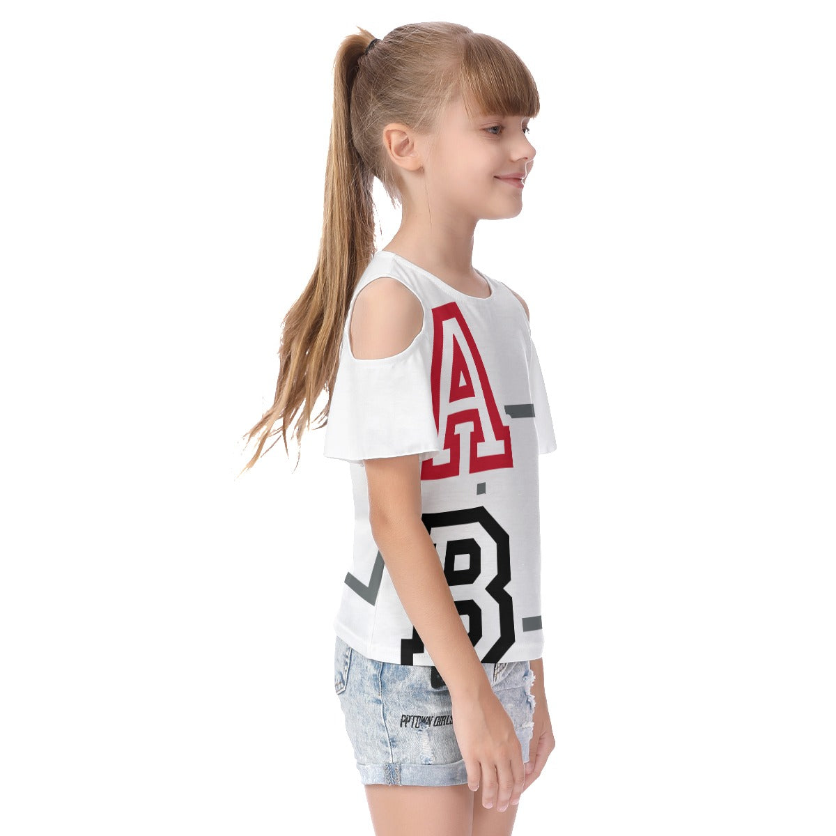 ABJ Greek All-Over Print Kid's Cold Shoulder T-shirt With Ruffle Sleeves