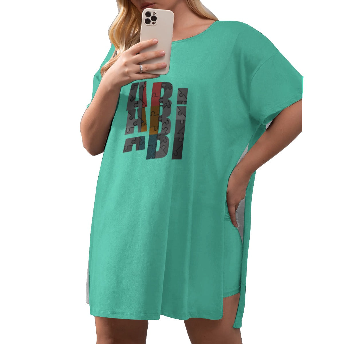 All-Over Print Women's Drop-Shoulder T-Shirt with Side Split and Shorts (Plus Size)