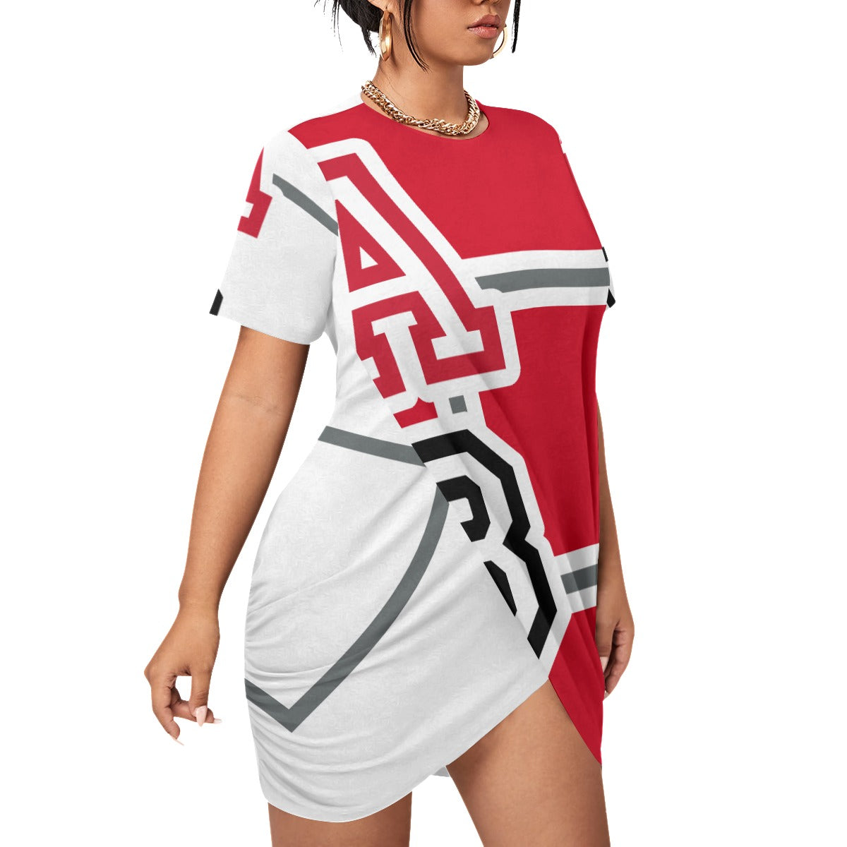 ABJ(TeeTee) Red/White All-Over Print Women’s Stacked Hem Dress With Short Sleeve（Plus Size）