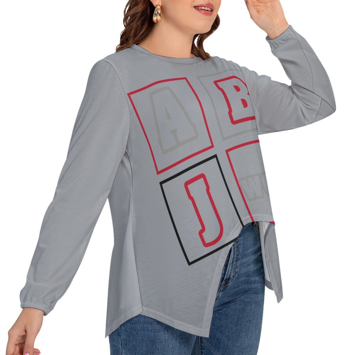 ABJ Bonnie Grey All-Over Print Women’s T-shirt With Asymmetrical Hem(Plus Size)